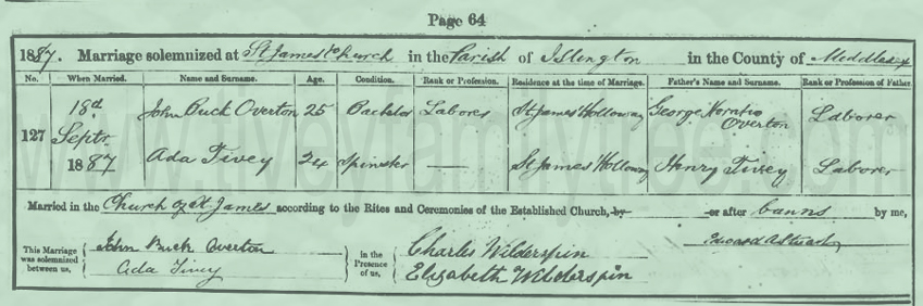 Ada Tivey and John Buck Overton Marriage Certificate