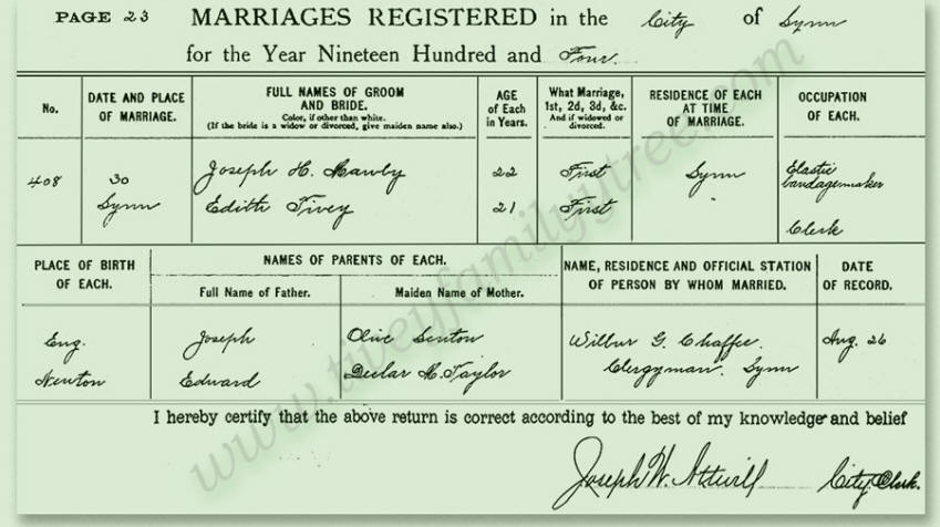 Edith Tivey, daughter of Edward Tivey and Deatlor Taylor ( also noted as Declar, Miriam, Marion and other variants)  of Group 8, married Joseph Harold Mawby at Lynn, Essex, Massachusettes. Thanks to Sam Mawby for this certificate copy.