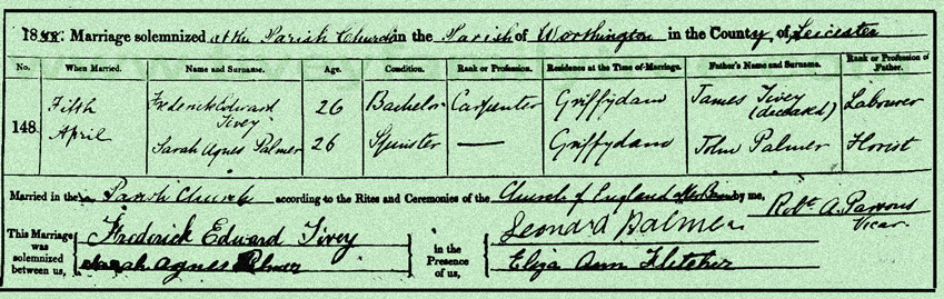 Frederick-Edward-Tivey-and-Sarah-Agnes-Palmer-Marriage-Certificate