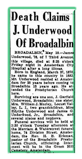 James Underwood Obituary 1946 Broadalbin New York