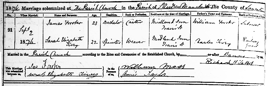 Sarah Elizabeth Tivey and James Forster Marriage Certificate